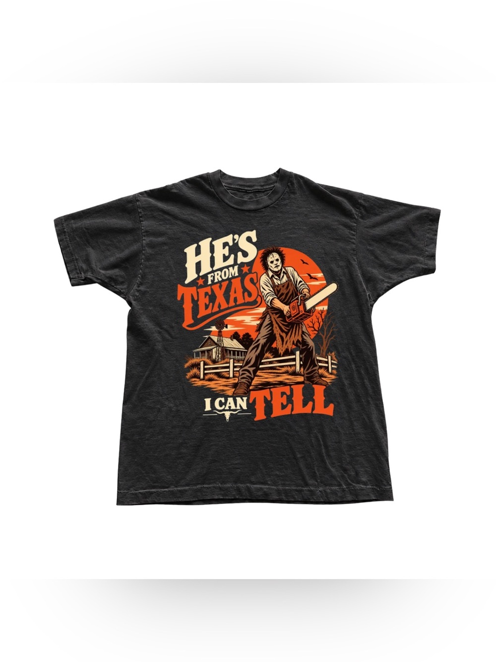 Black Short-Sleeve Graphic Tee with Orange & Cream Print